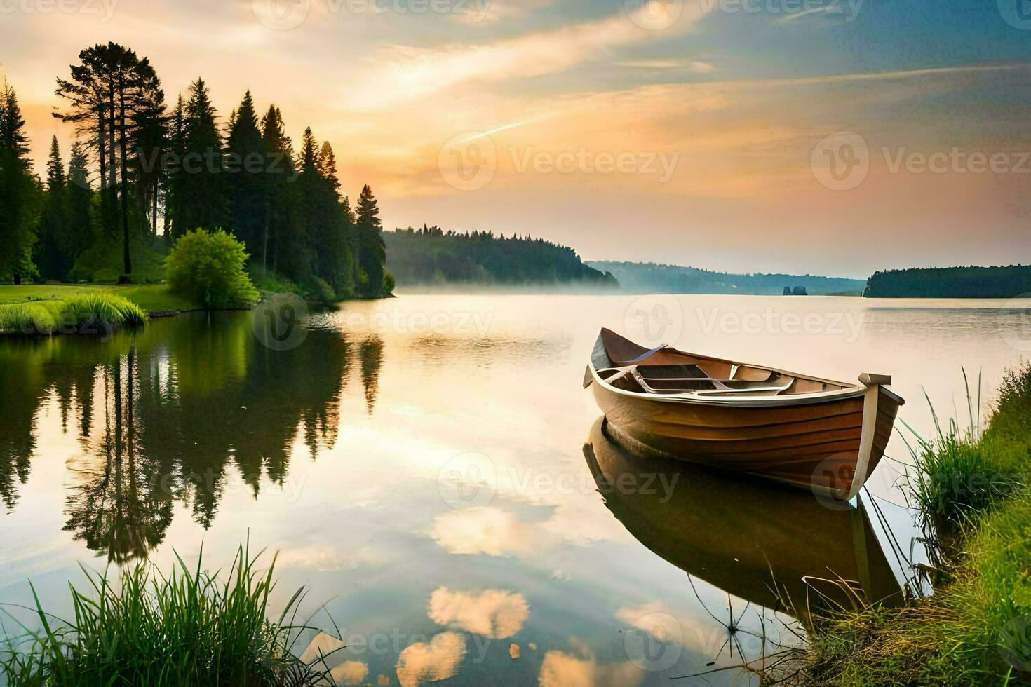 a boat on the lake. AI-Generated photo
