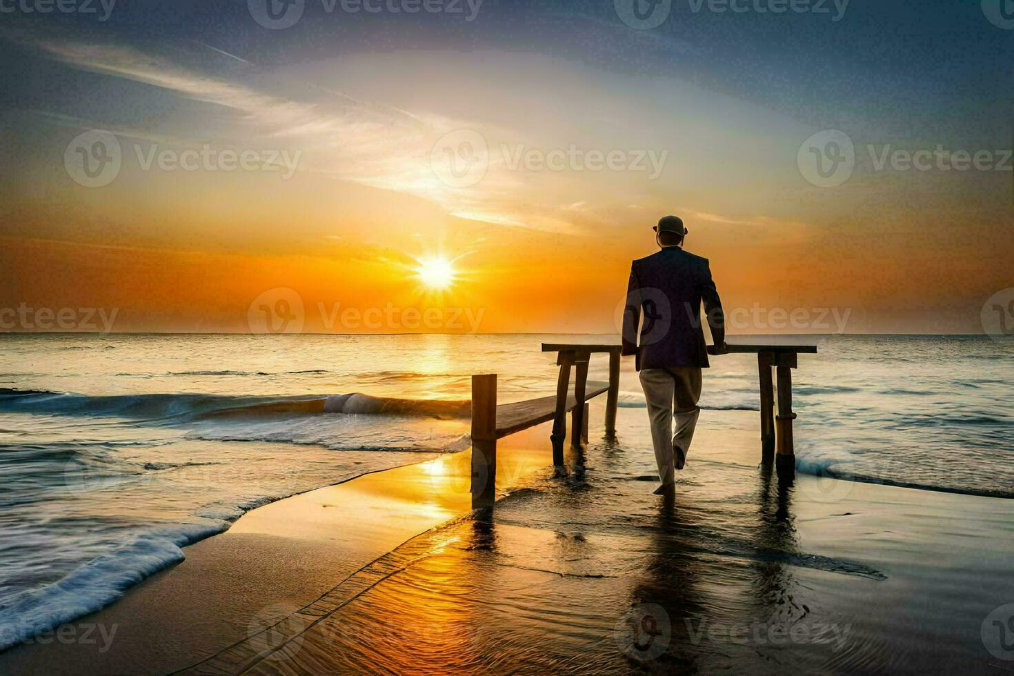 a man standing on a pier at sunset. AI-Generated photo