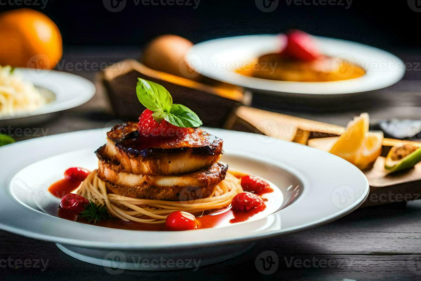a plate of food with pasta, tomatoes and a slice of lemon. AI-Generated photo