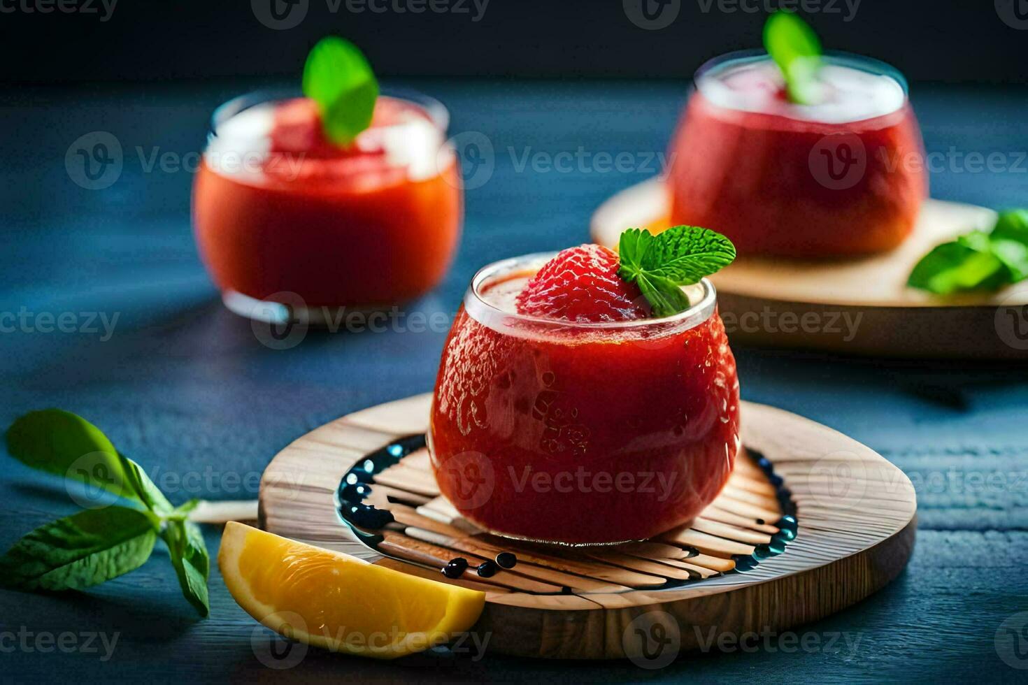 two glasses of strawberry juice with mint leaves and lemon slices. AI-Generated photo