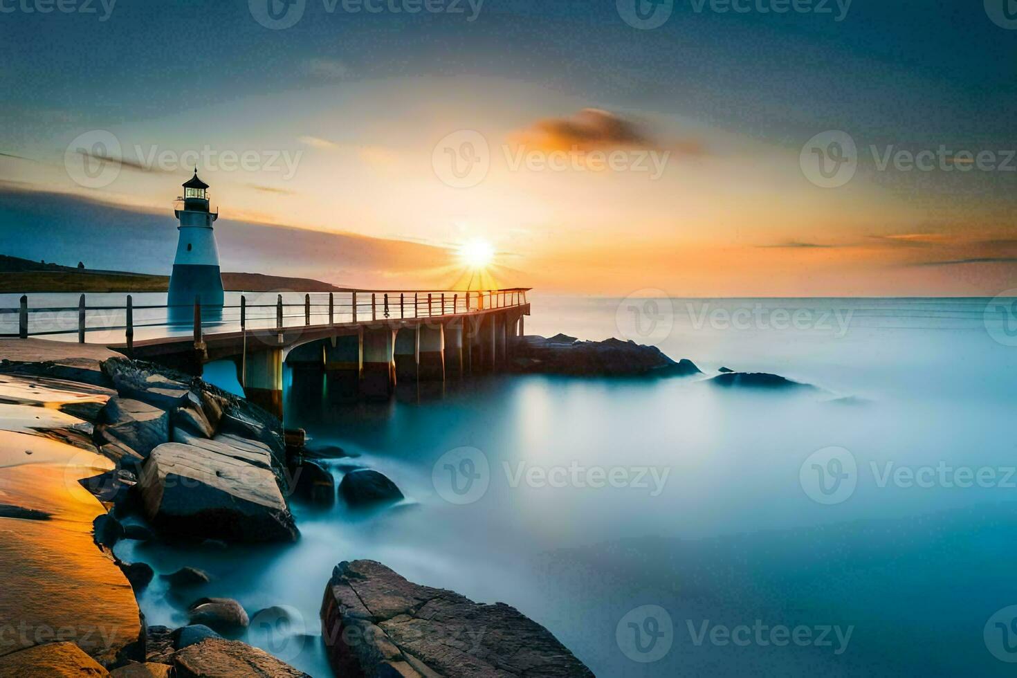 a lighthouse at sunset on the coast. AI-Generated photo