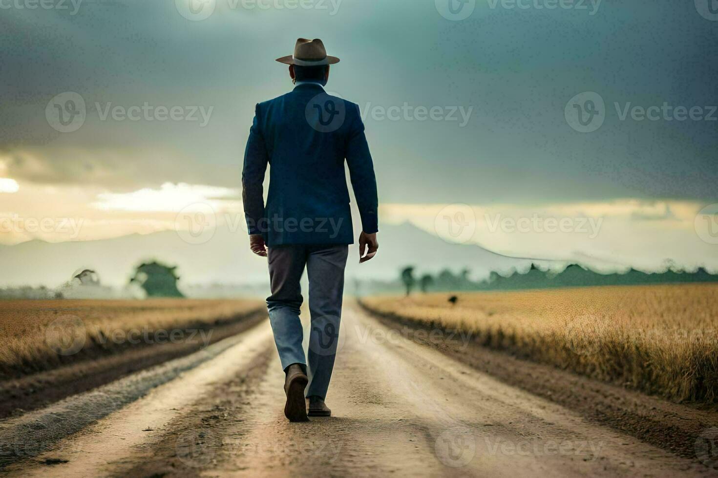 a man in a suit and hat walks down a dirt road. AI-Generated photo