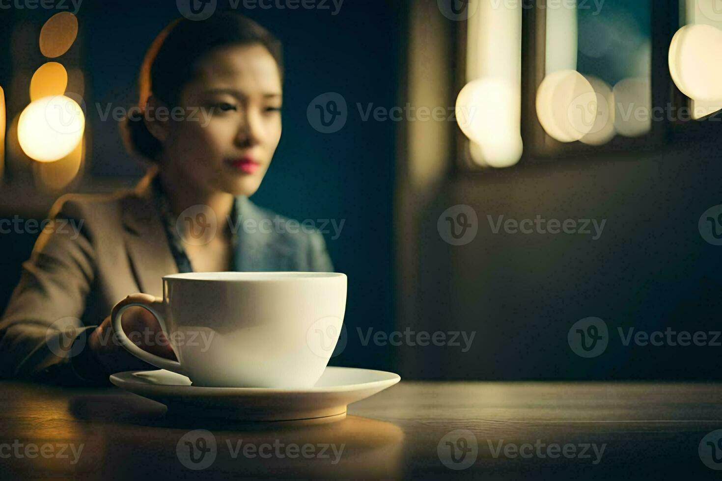 a woman sitting at a table with a cup of coffee. AI-Generated photo