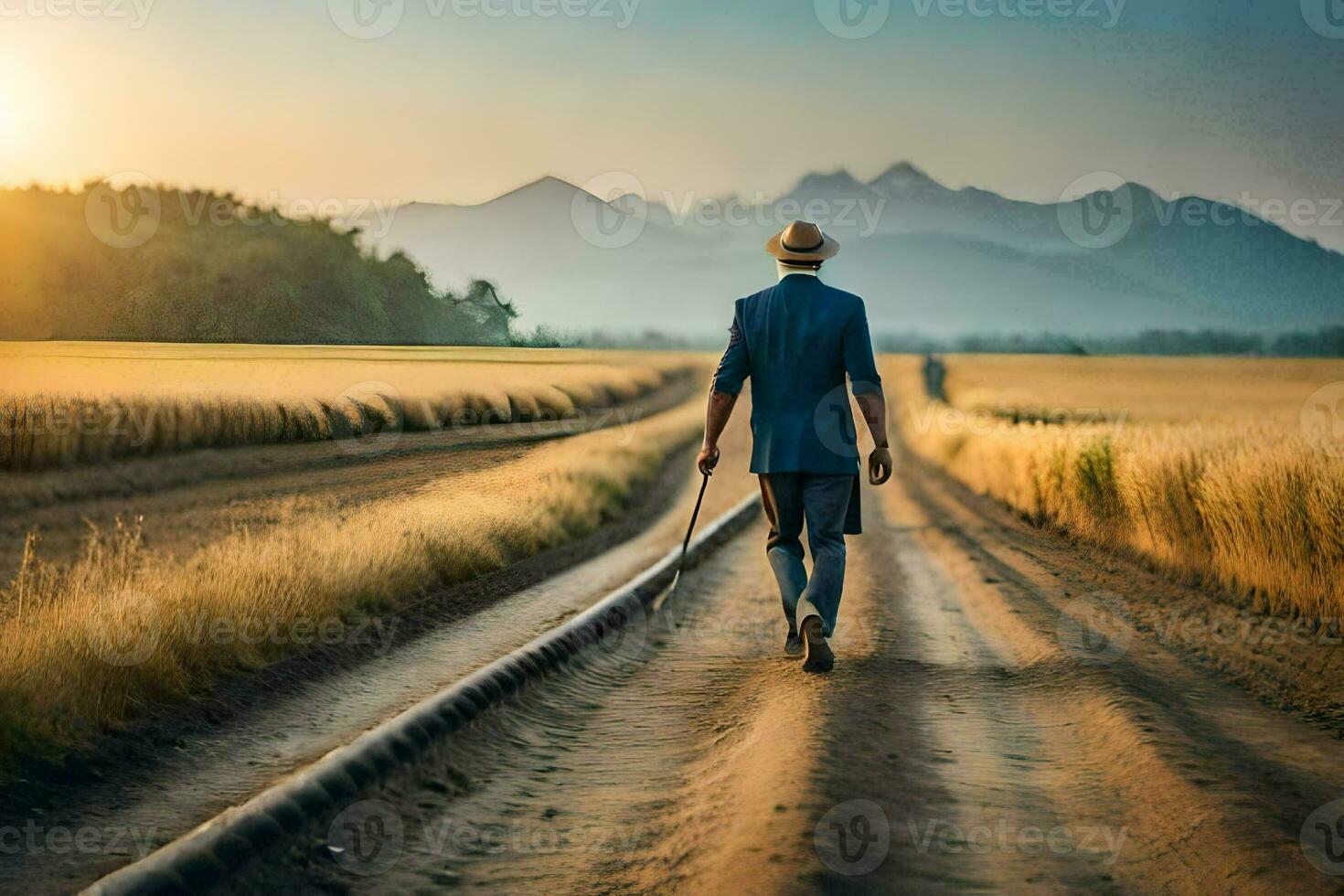 a man walking down a dirt road with a cane. AI-Generated photo