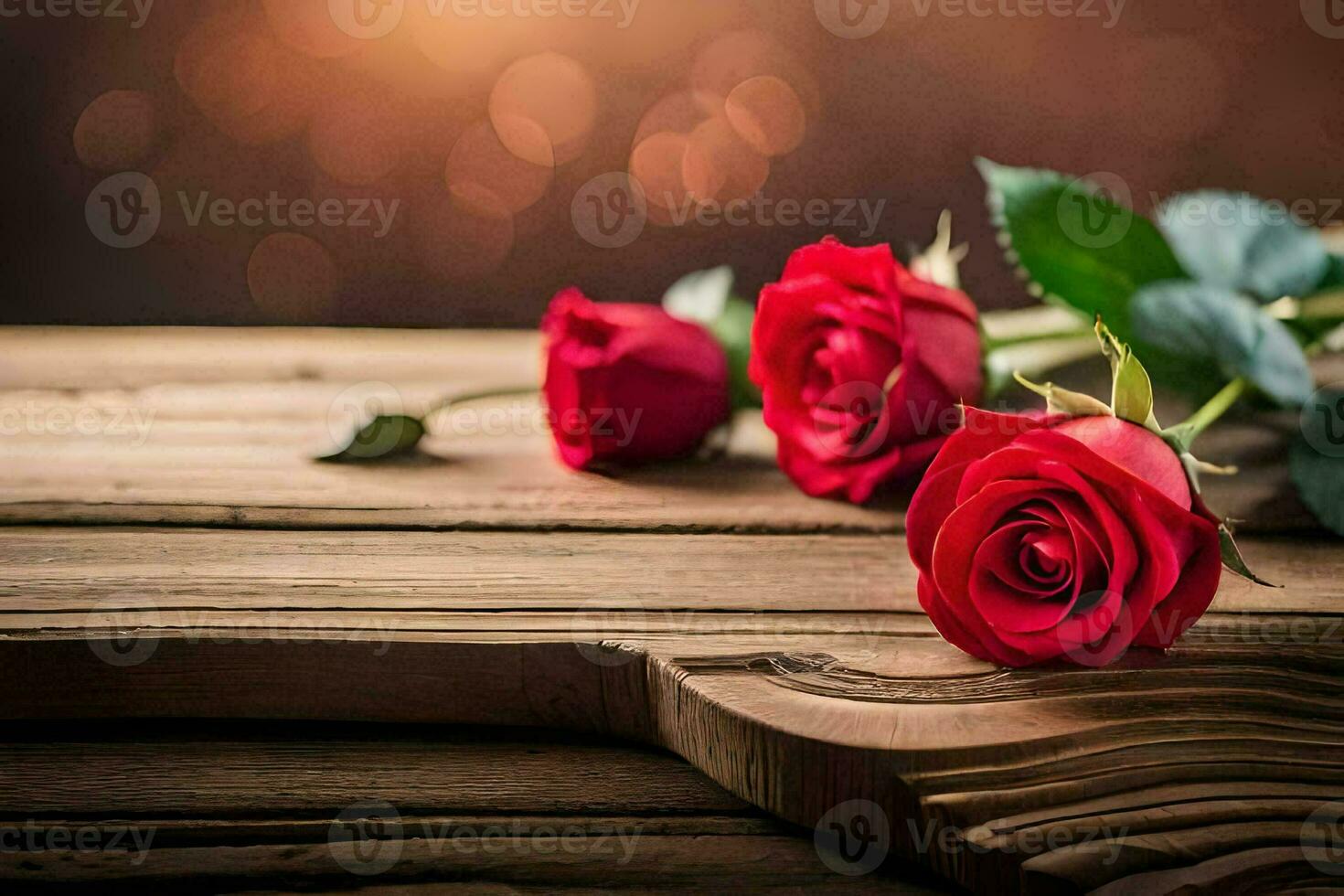 rojo rosas en un de madera mesa con un bokeh antecedentes. generado por ai foto