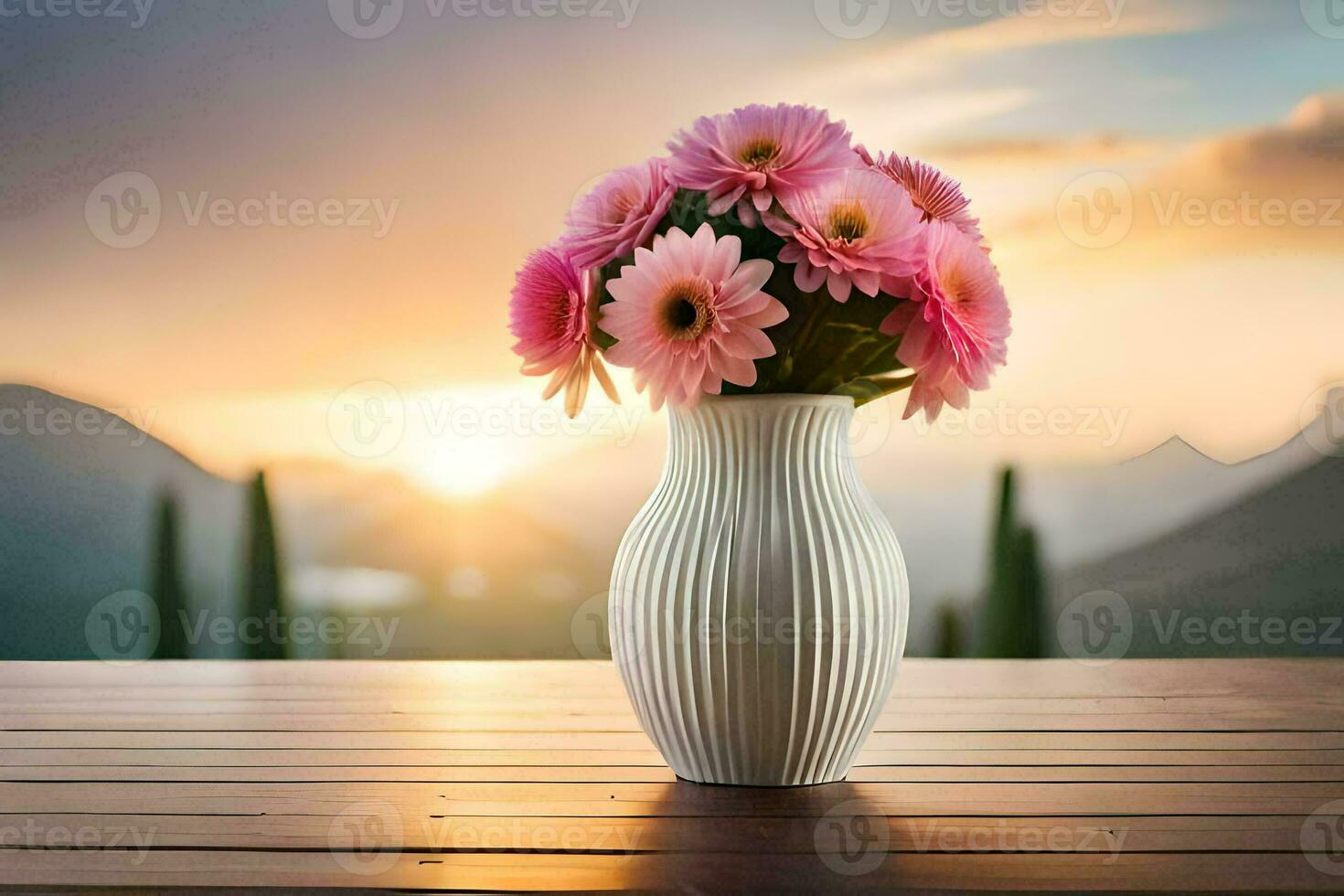 a vase with pink flowers on a table in front of a sunset. AI-Generated photo