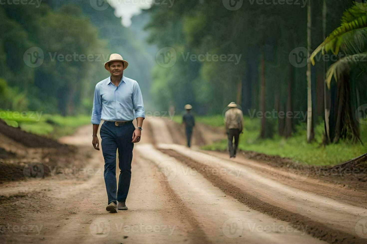 a man in a hat walks down a dirt road. AI-Generated photo