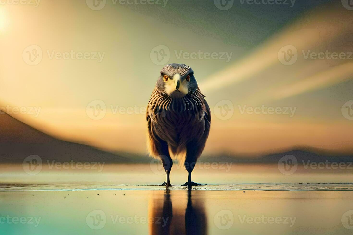 a bird stands on the beach at sunset. AI-Generated photo