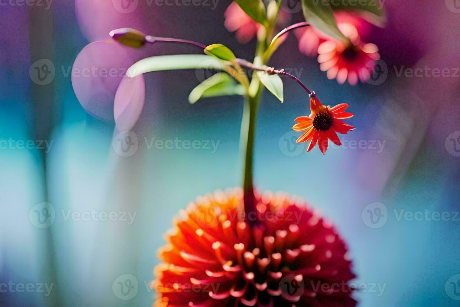 a red flower is sitting in a vase with a blurry background. AI-Generated photo
