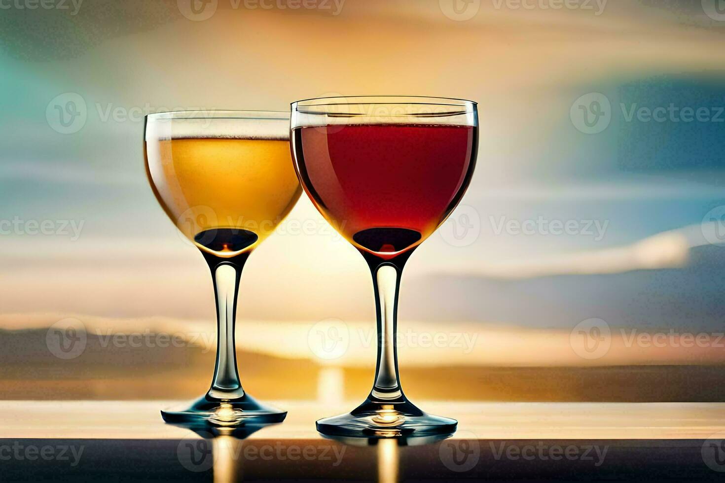 two glasses of wine on a table with sunset in the background. AI-Generated photo