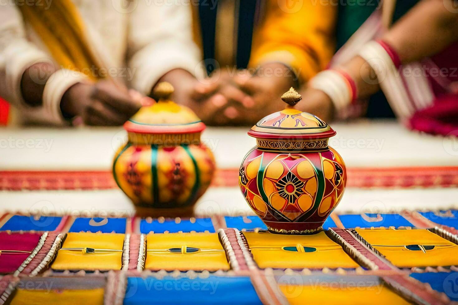 a couple of colorful pots on a table. AI-Generated photo