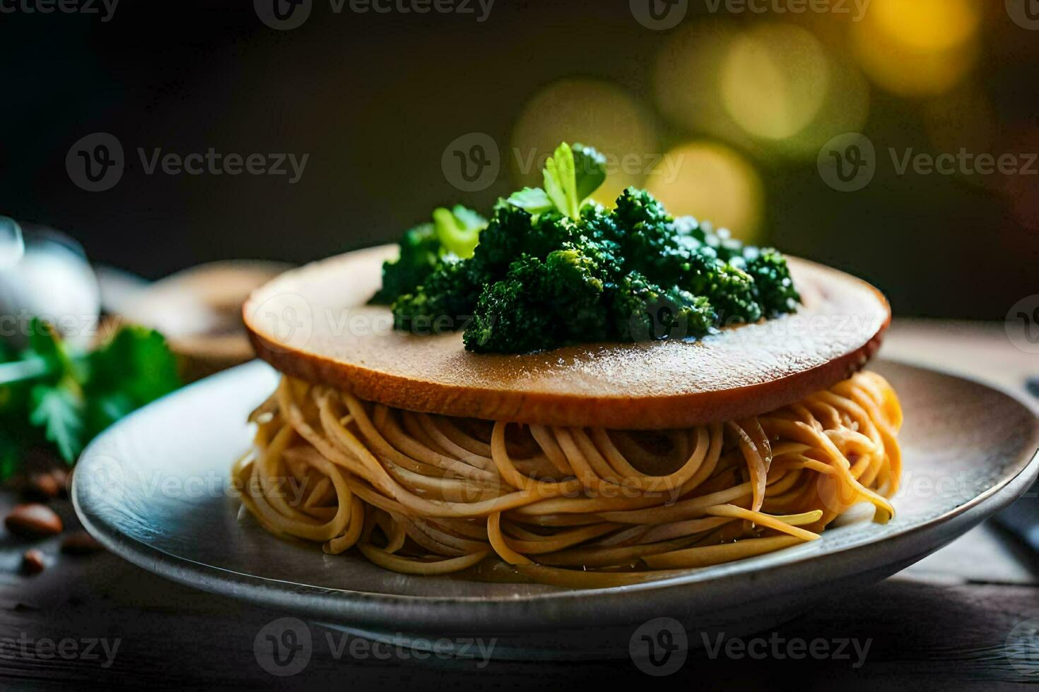 spaghetti with broccoli and pesto on a plate. AI-Generated photo
