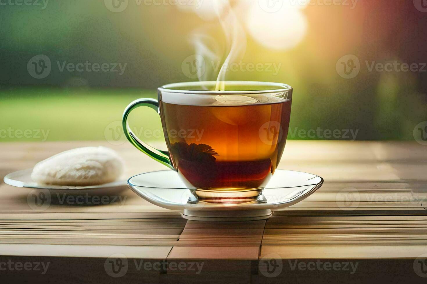 un taza de té en un de madera mesa. generado por ai foto