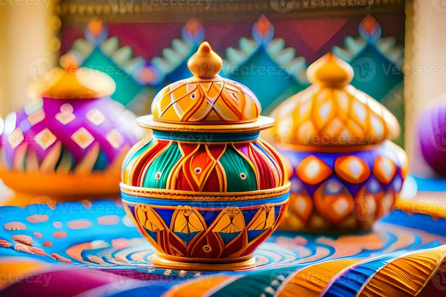 colorful decorative pots on a table with colorful designs. AI-Generated photo
