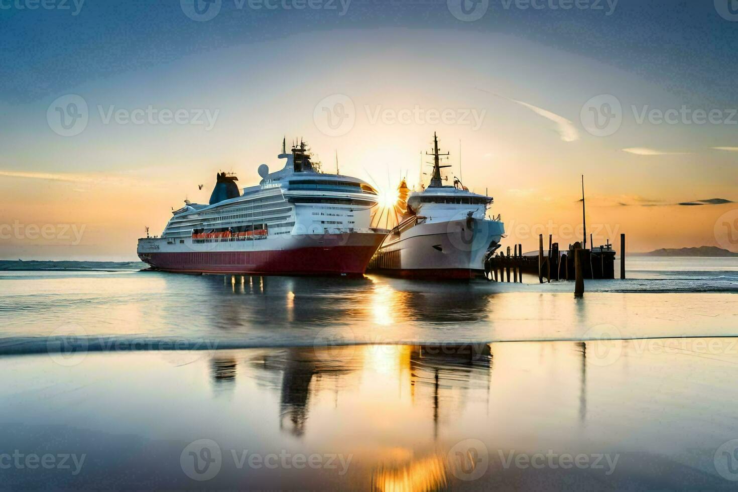 two cruise ships docked at the beach at sunset. AI-Generated photo