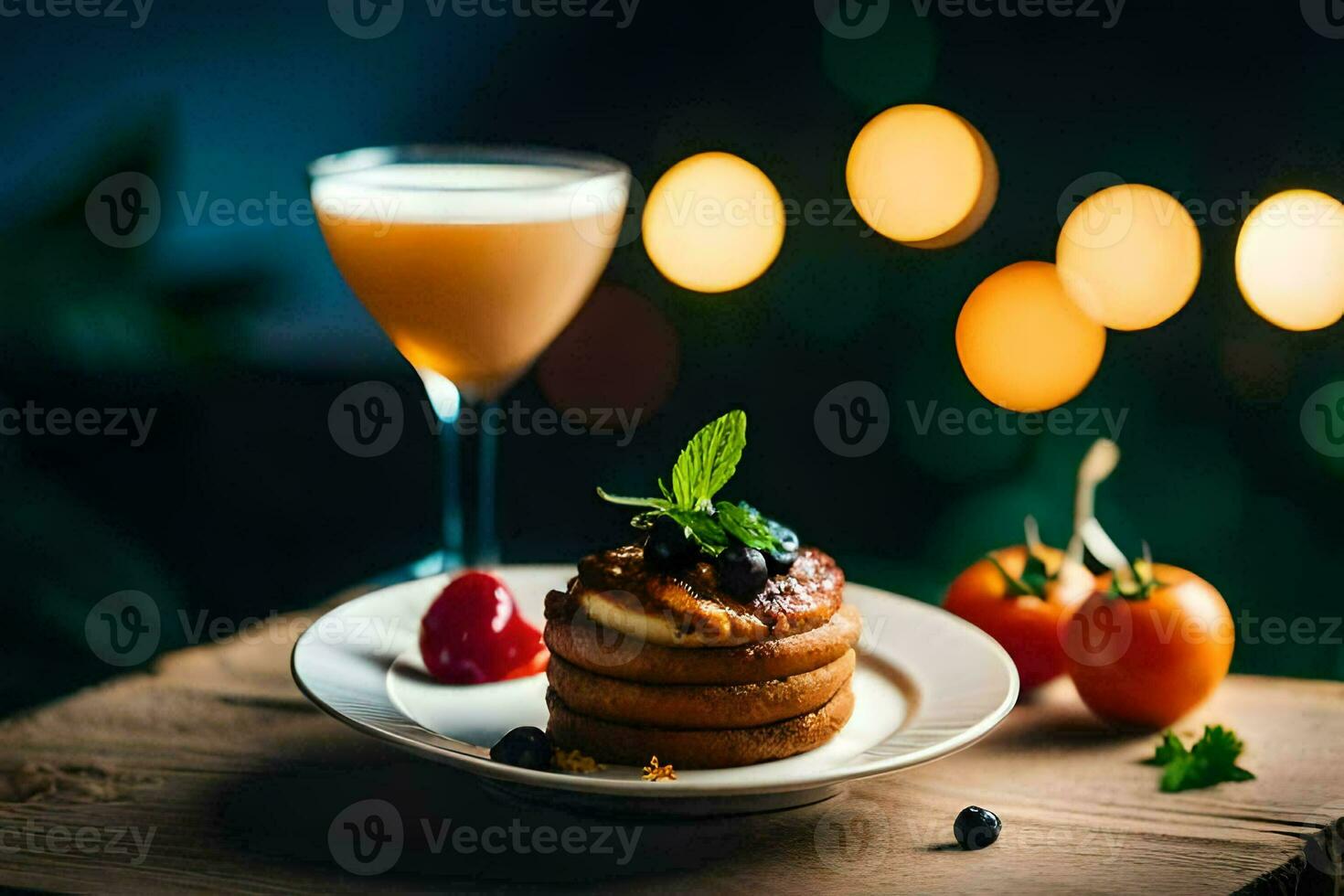 un plato de panqueques con bayas y un beber. generado por ai foto