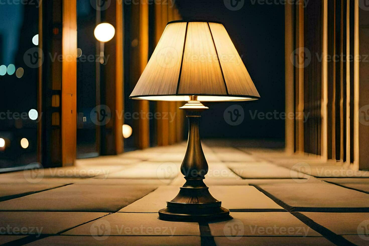 a lamp on a table in front of a building. AI-Generated photo