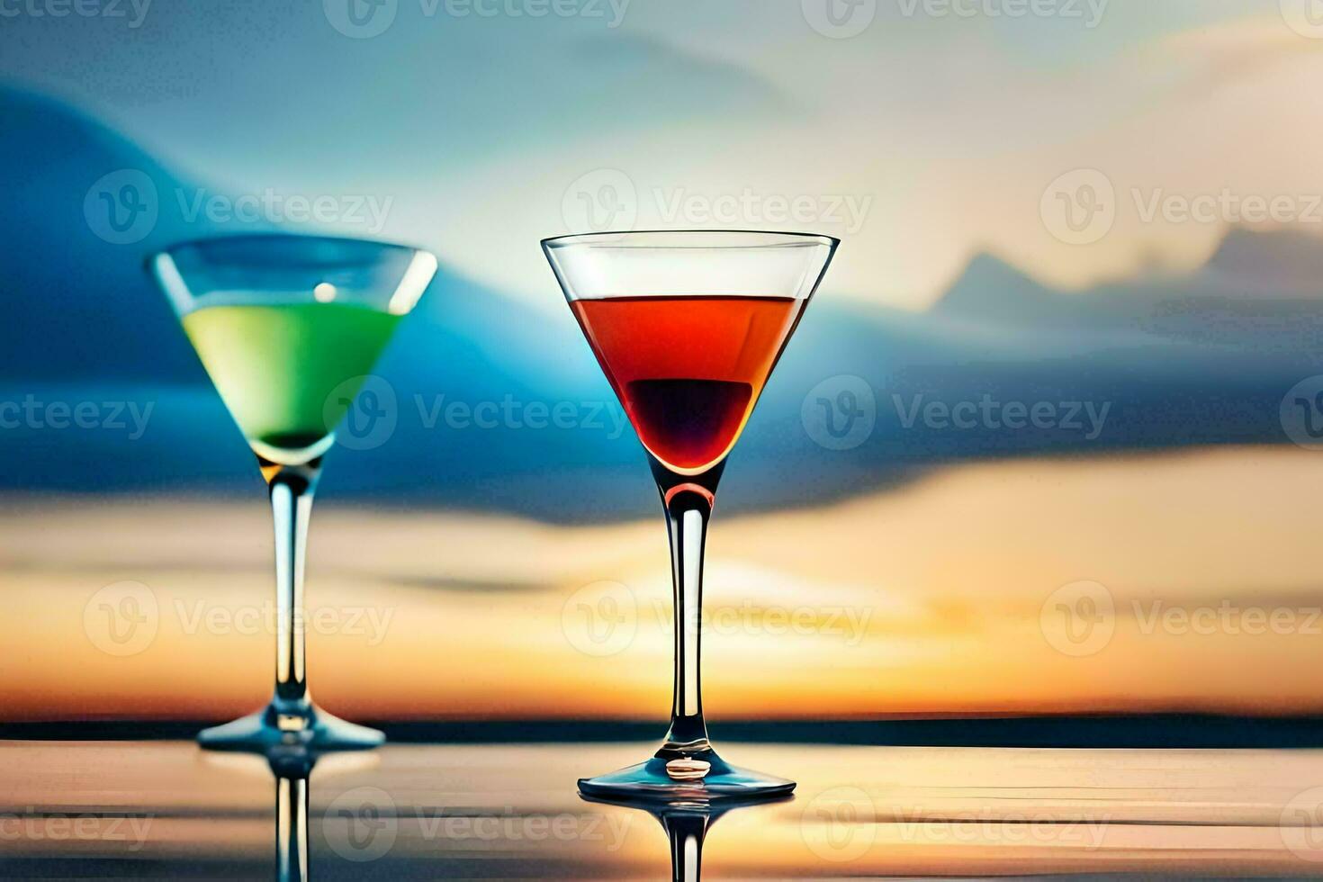 two glasses of cocktails on a table with a sunset in the background. AI-Generated photo