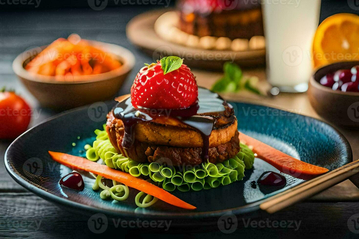 a plate with a strawberry and carrot cake. AI-Generated photo
