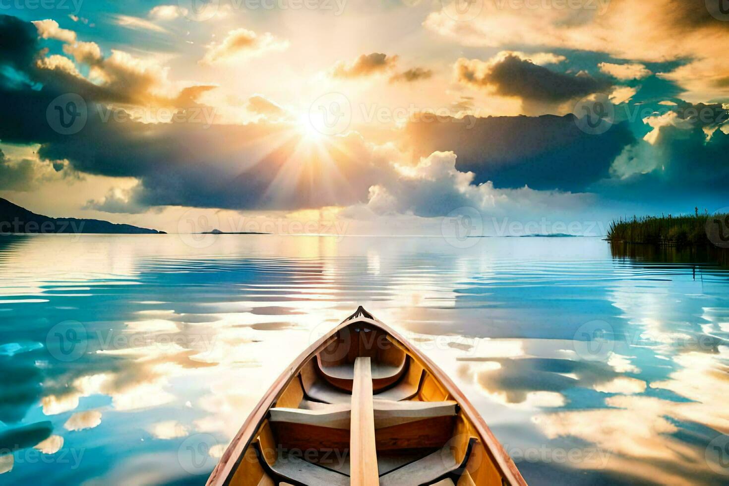 a boat is floating in the water at sunset. AI-Generated photo