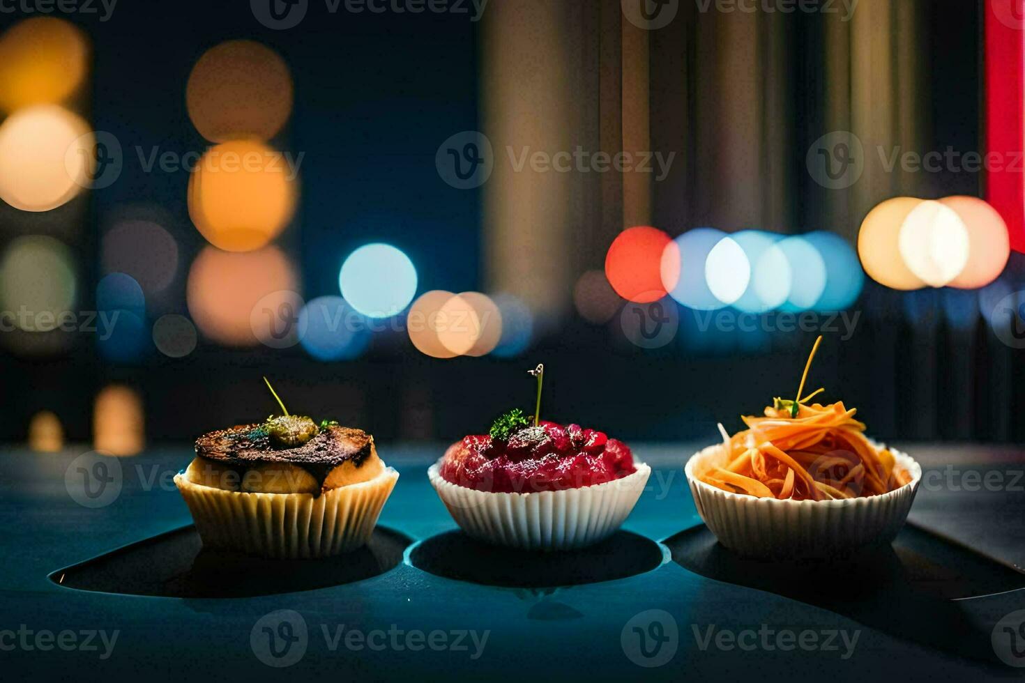 three small cupcakes with food on a table. AI-Generated photo