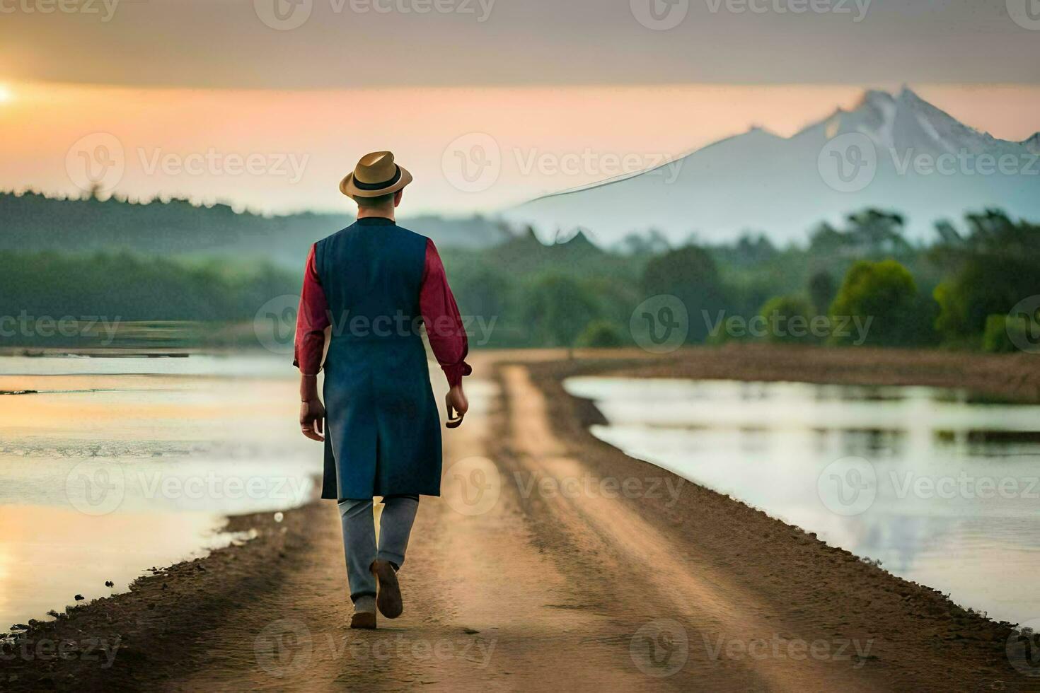 a man in a hat and vest walking down a dirt road. AI-Generated photo