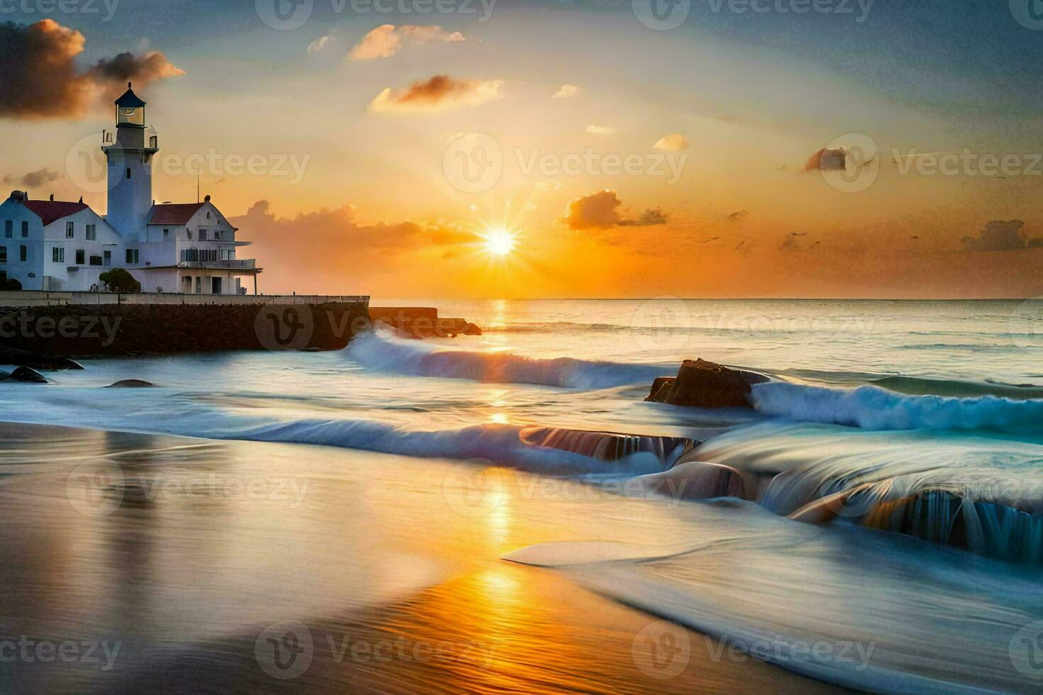 the lighthouse at sunset. AI-Generated photo
