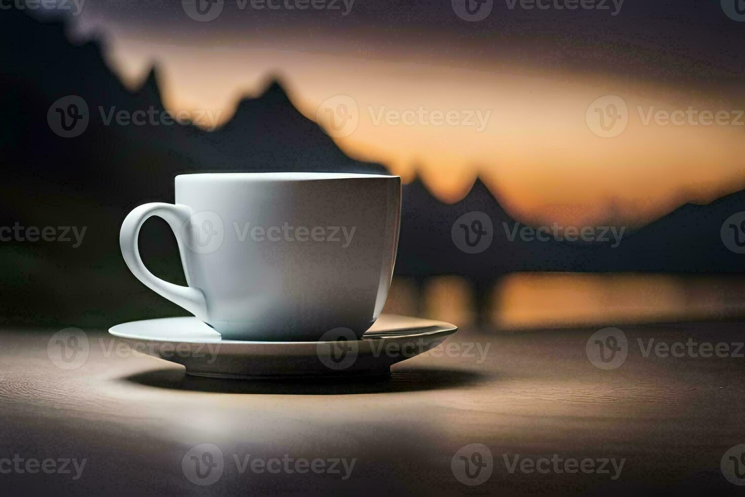 coffee cup on a table with mountains in the background. AI-Generated photo