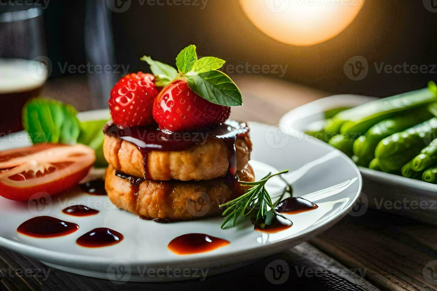 a plate with a strawberry and a slice of cheese. AI-Generated photo