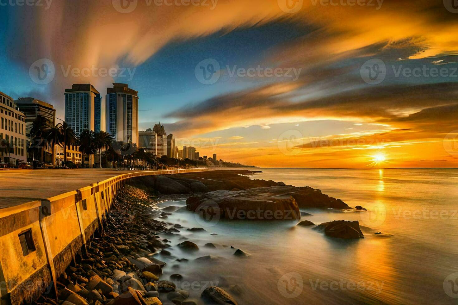 the sun sets over the ocean and buildings in the background. AI-Generated photo