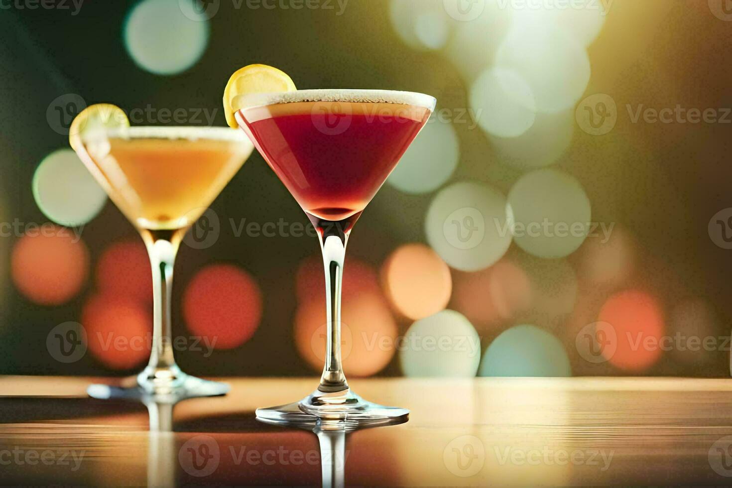 two cocktails sit on a table with a blurry background. AI-Generated photo