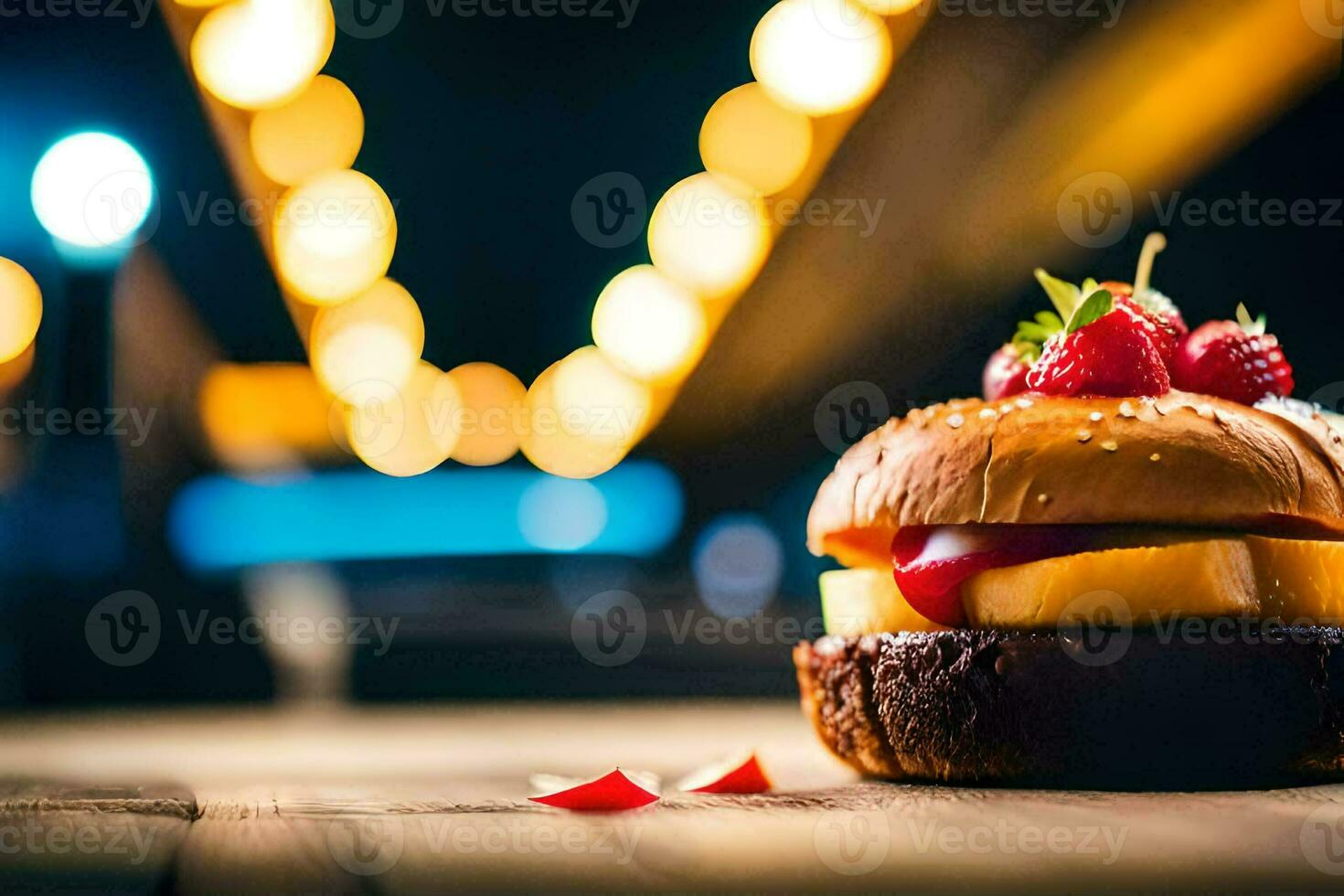 a hamburger with strawberries and cheese on top. AI-Generated photo