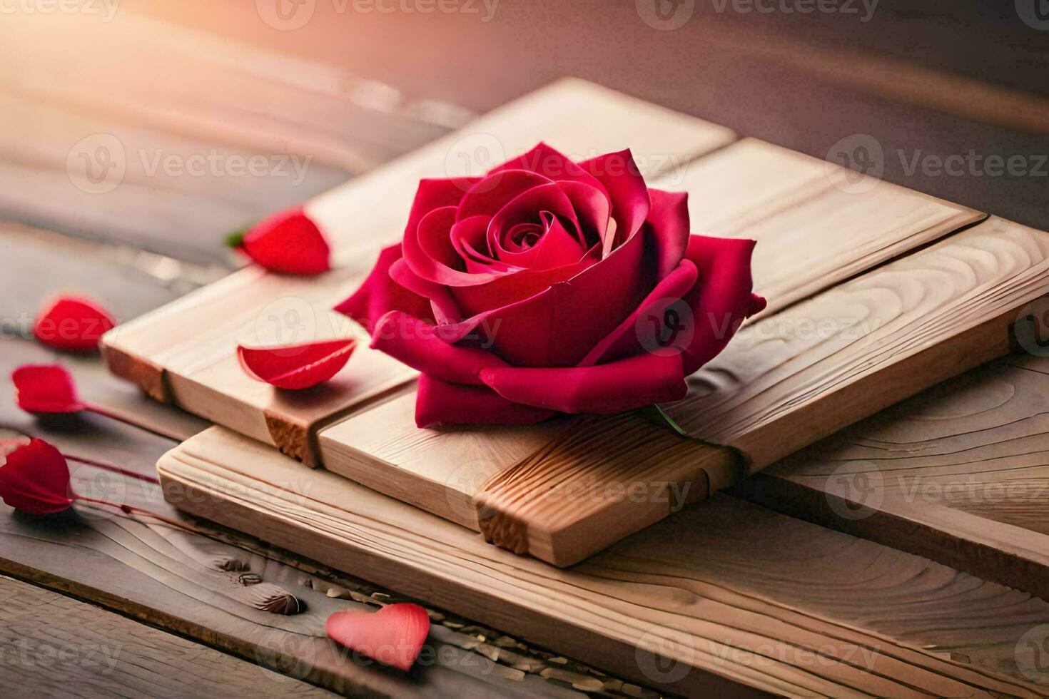 a single red rose on a wooden table with petals. AI-Generated photo