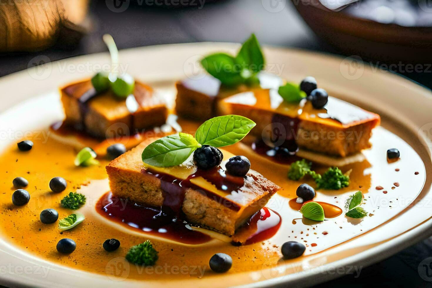 a plate of food with tofu, blueberries and sauce. AI-Generated photo