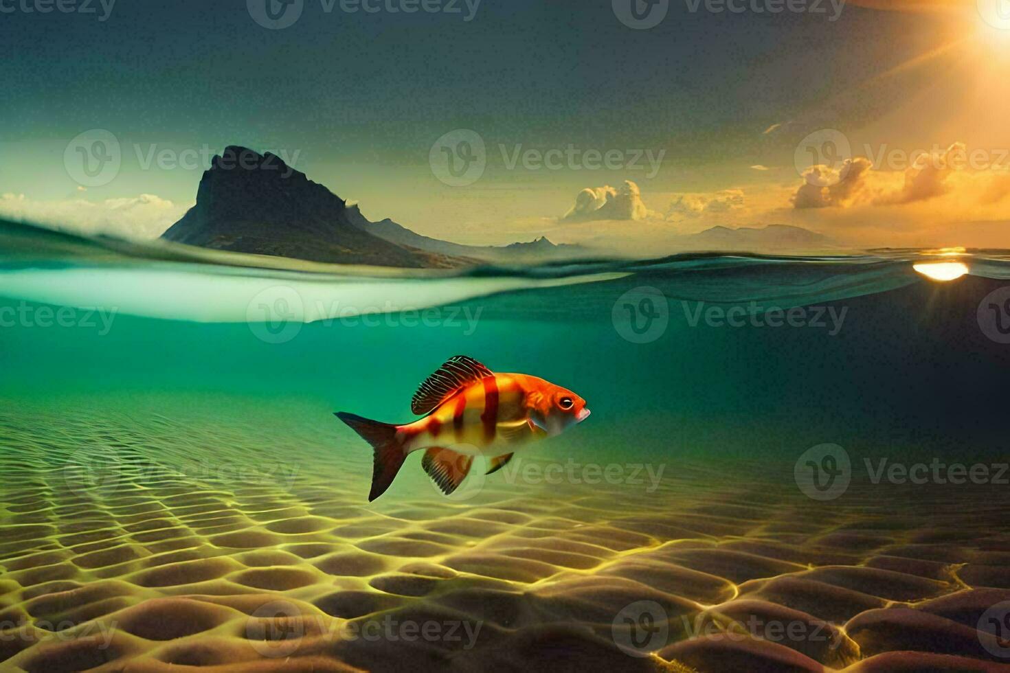 a fish swimming in the ocean with a mountain in the background. AI-Generated photo