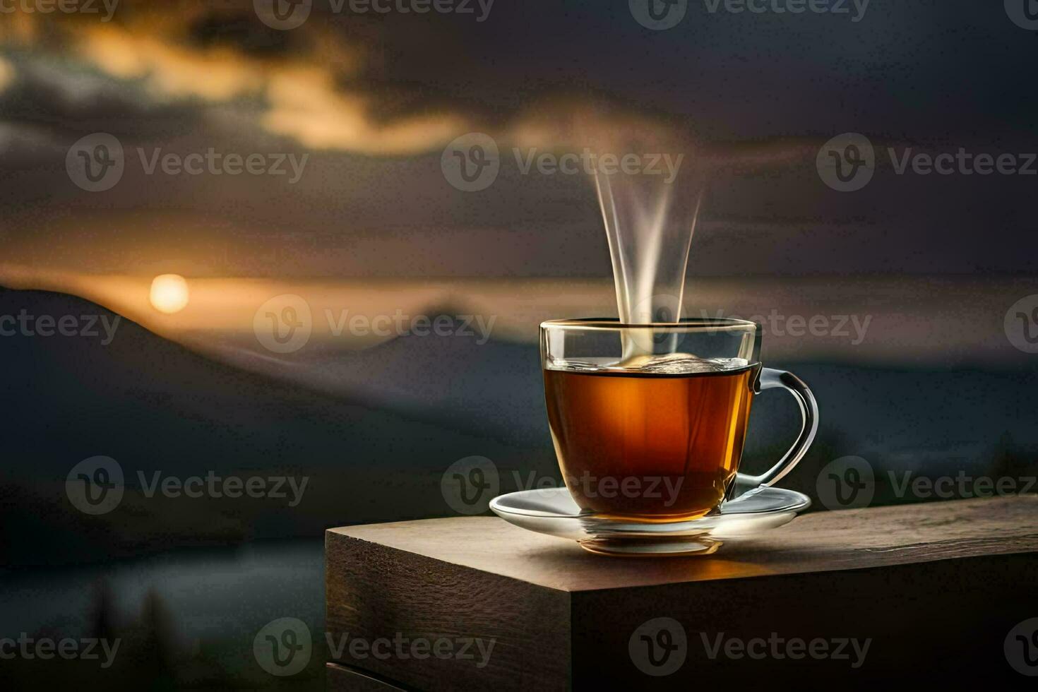 un taza de té en un de madera mesa en frente de un montaña vista. generado por ai foto