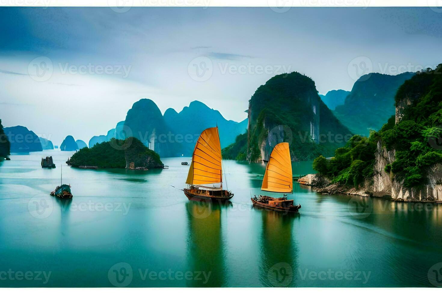 dos barcos flotante en el agua cerca montañas. generado por ai foto