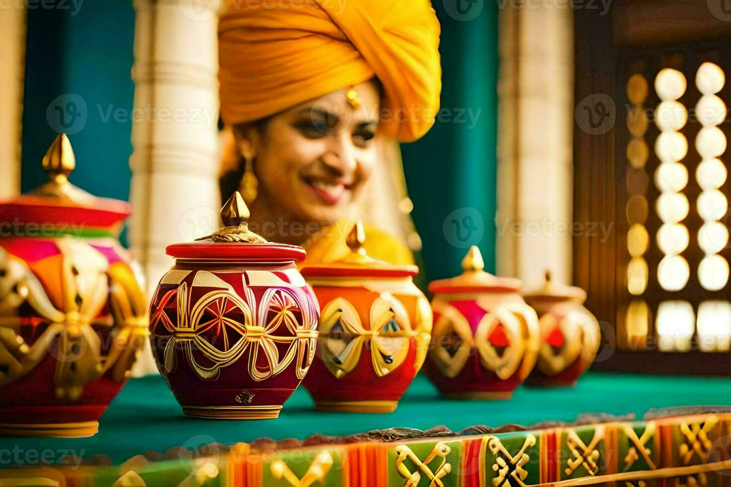 a woman in a turban is sitting next to some colorful pots. AI-Generated photo