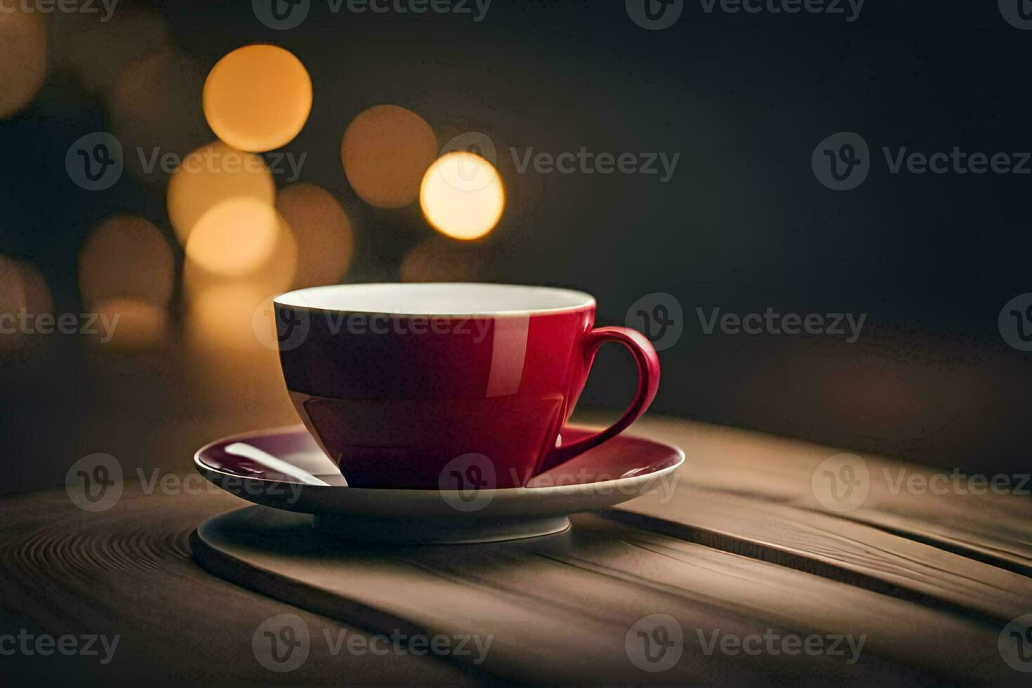 a red cup sits on a wooden table with bokeh lights. AI-Generated photo