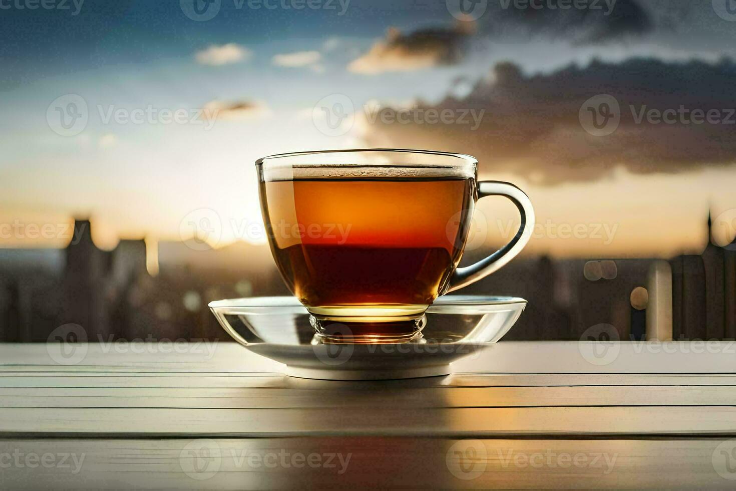 a cup of tea on a wooden table in front of a cityscape. AI-Generated photo