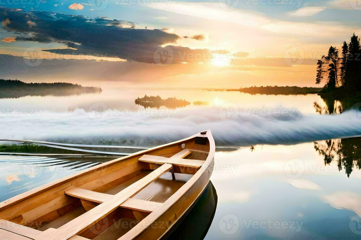 a boat on the water at sunset with fog. AI-Generated photo