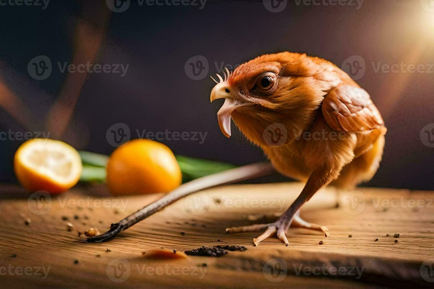 a small bird with its beak open and a lemon. AI-Generated photo