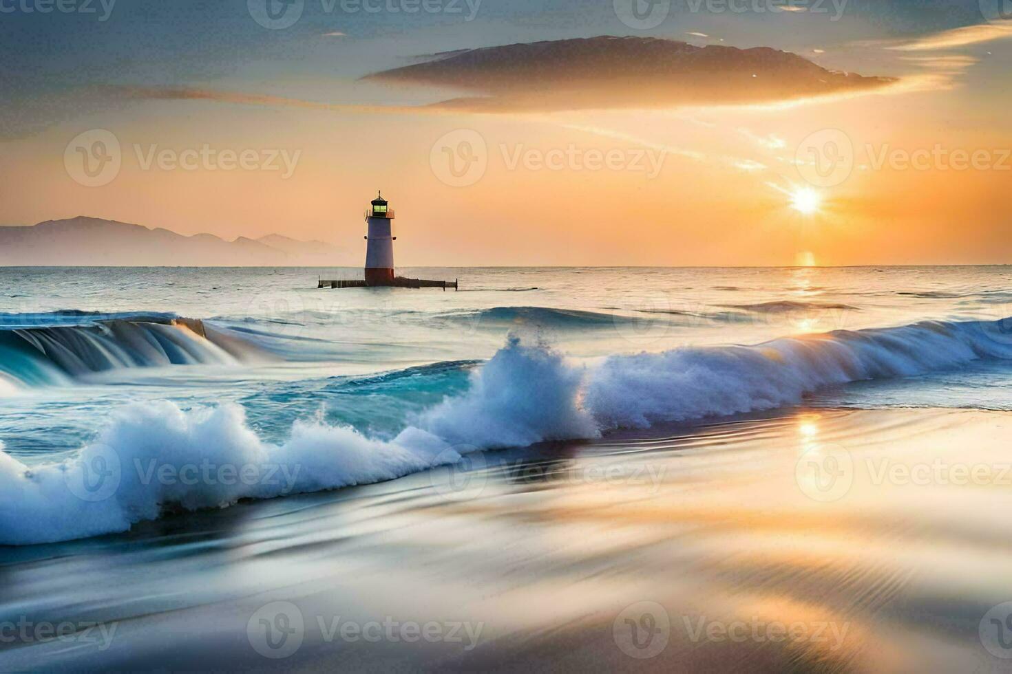 a lighthouse stands in the middle of the ocean at sunset. AI-Generated photo