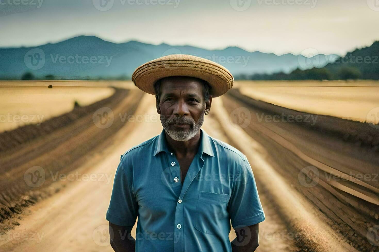 a man wearing a hat stands in the middle of a dirt road. AI-Generated photo