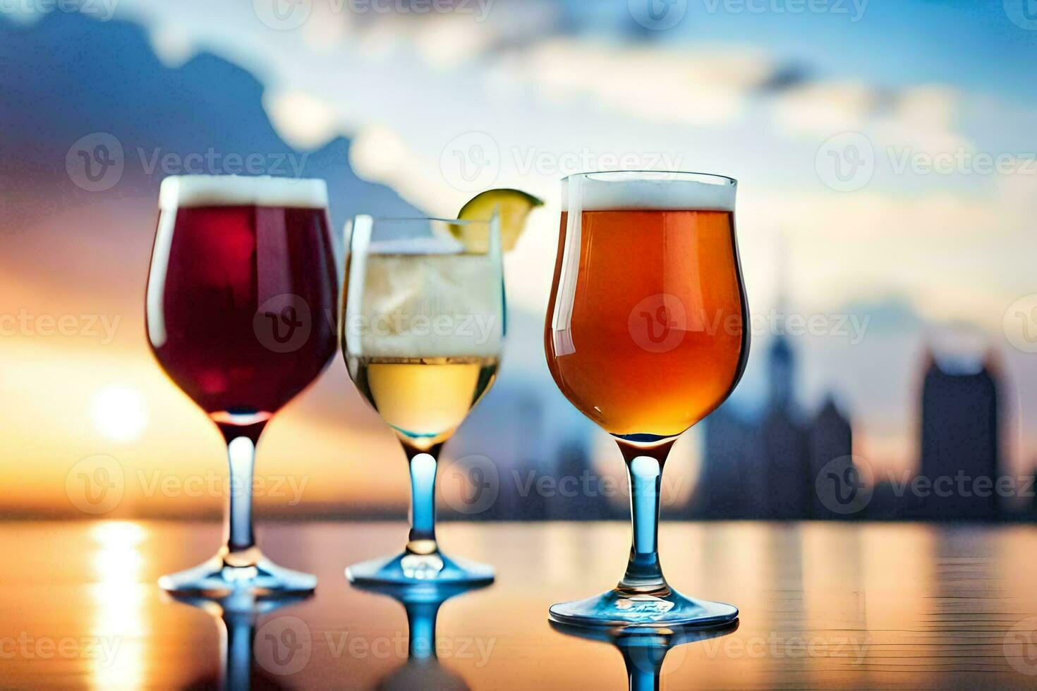 three glasses of different drinks on a table. AI-Generated photo