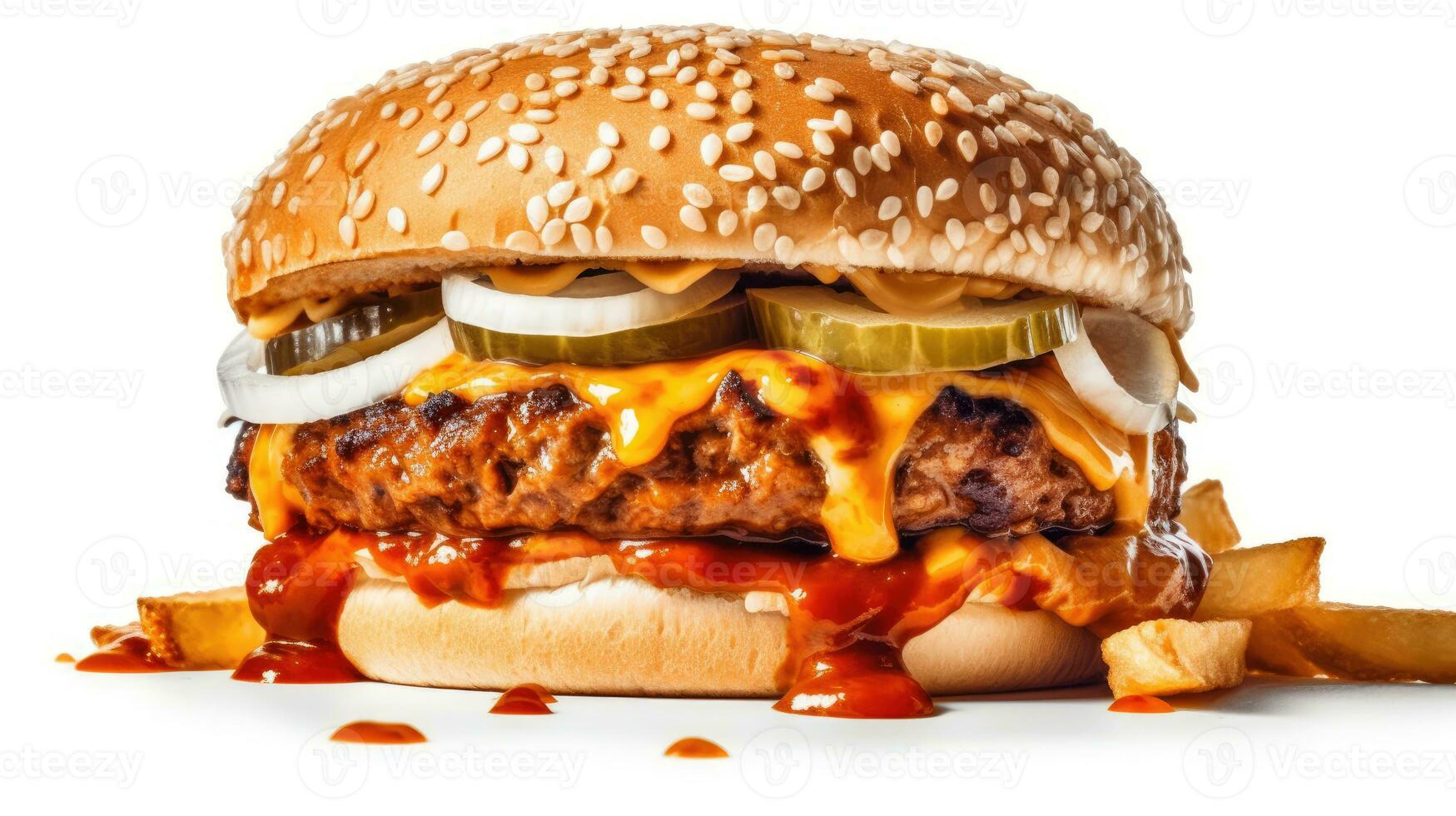 Burger in white background. Hot tasty spice meat and cheese melting hamburger. AI Generated photo