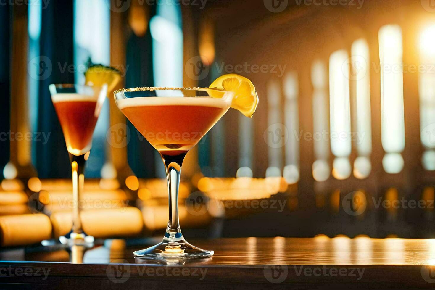two cocktails sit on a table in front of a window. AI-Generated photo