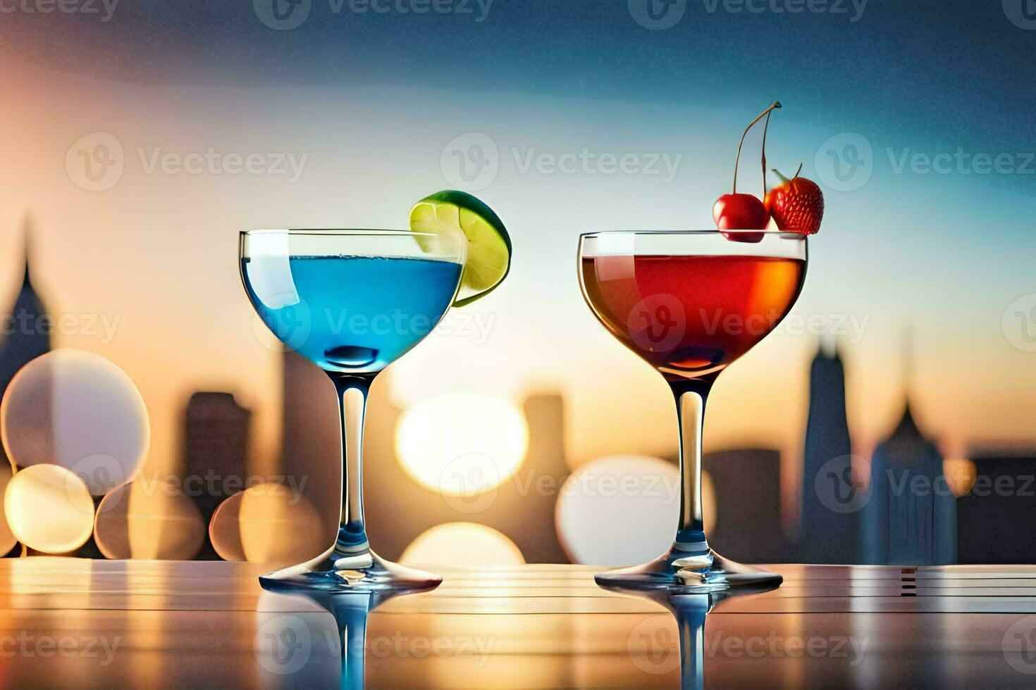 two cocktails with colorful drinks on a table in front of a city skyline. AI-Generated photo