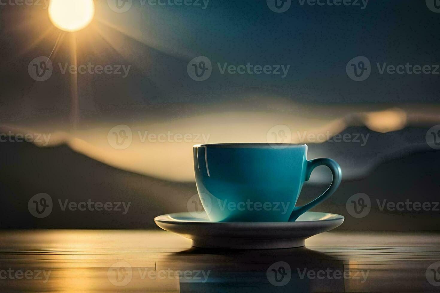 a blue cup sits on a table with mountains in the background. AI-Generated photo