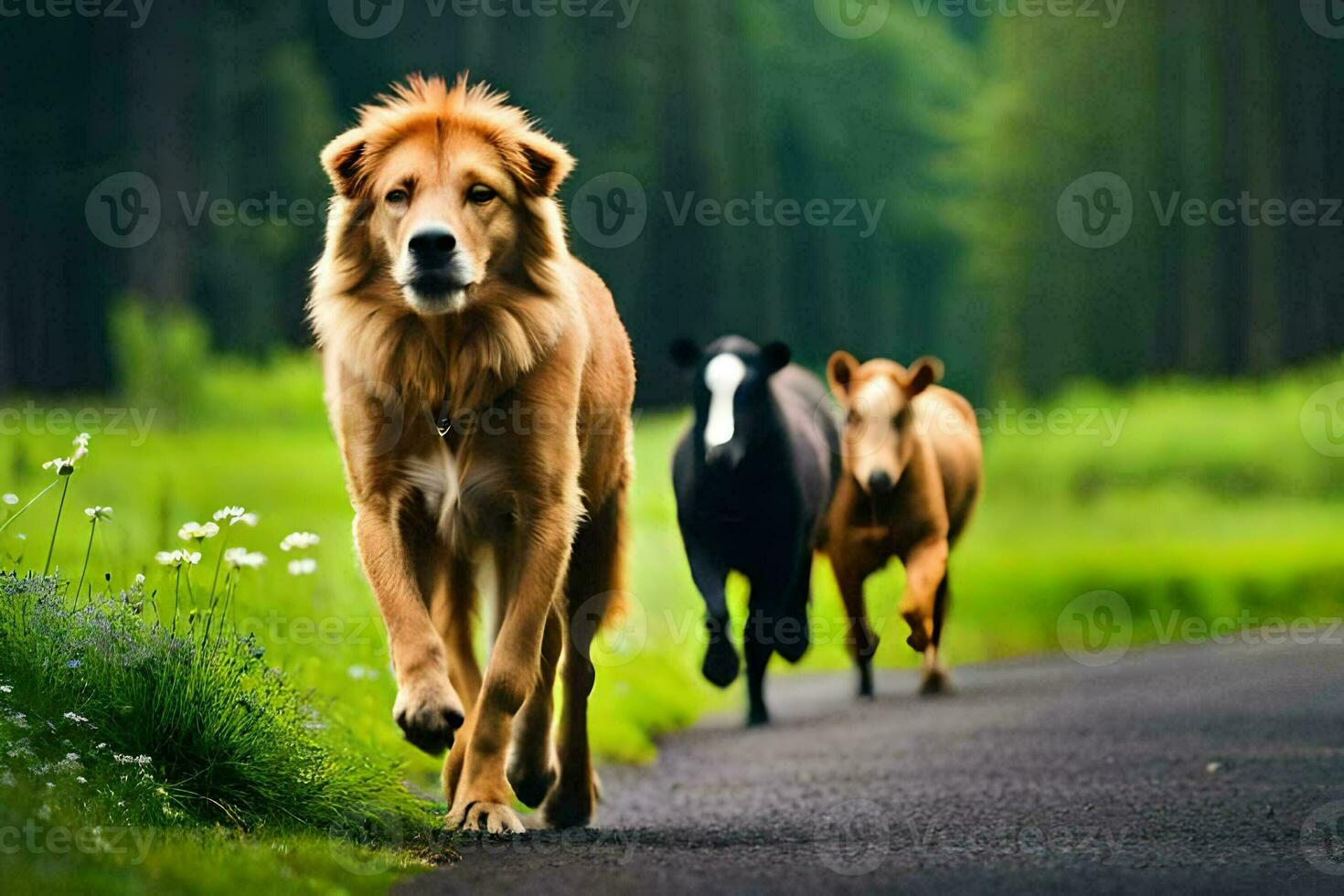 a dog and two horses running on a road. AI-Generated photo